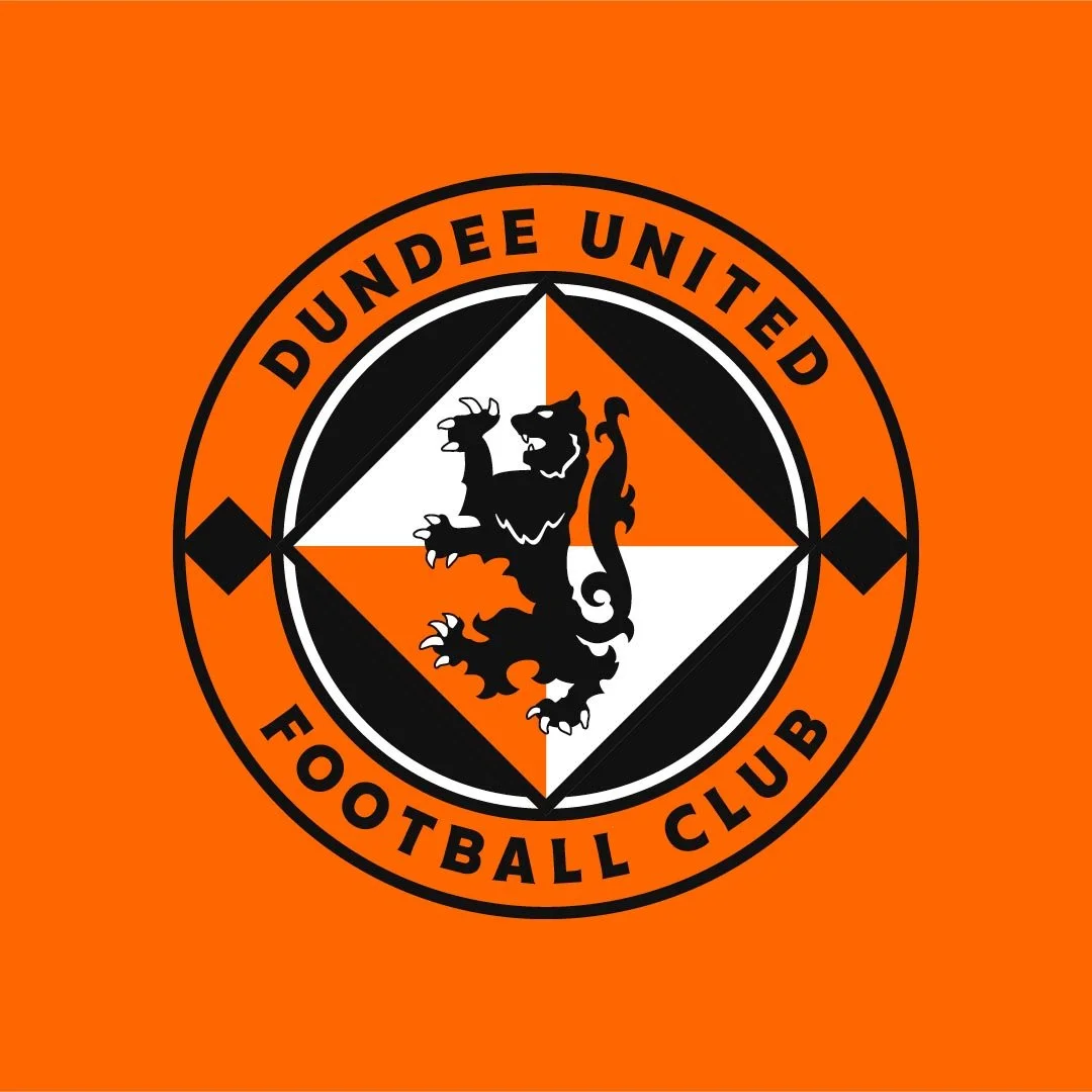 The logo of Dundee United Football Club featuring an orange background, a circular emblem with a black border, a lion in the center, and the club name written around the circle.