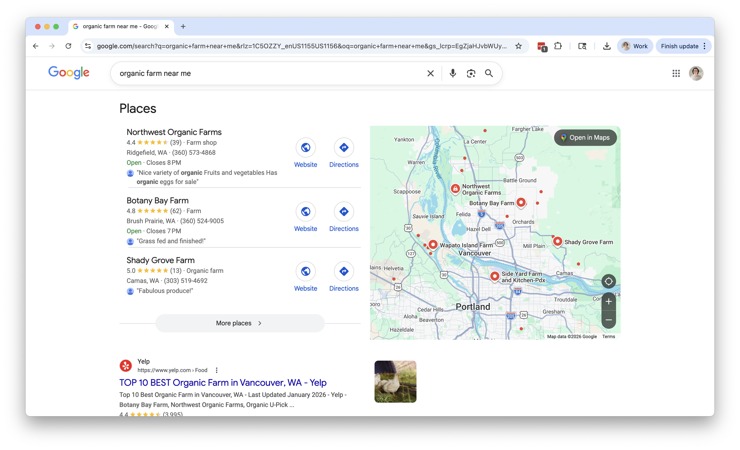 A screenshot of a google search for "organic farm near me"