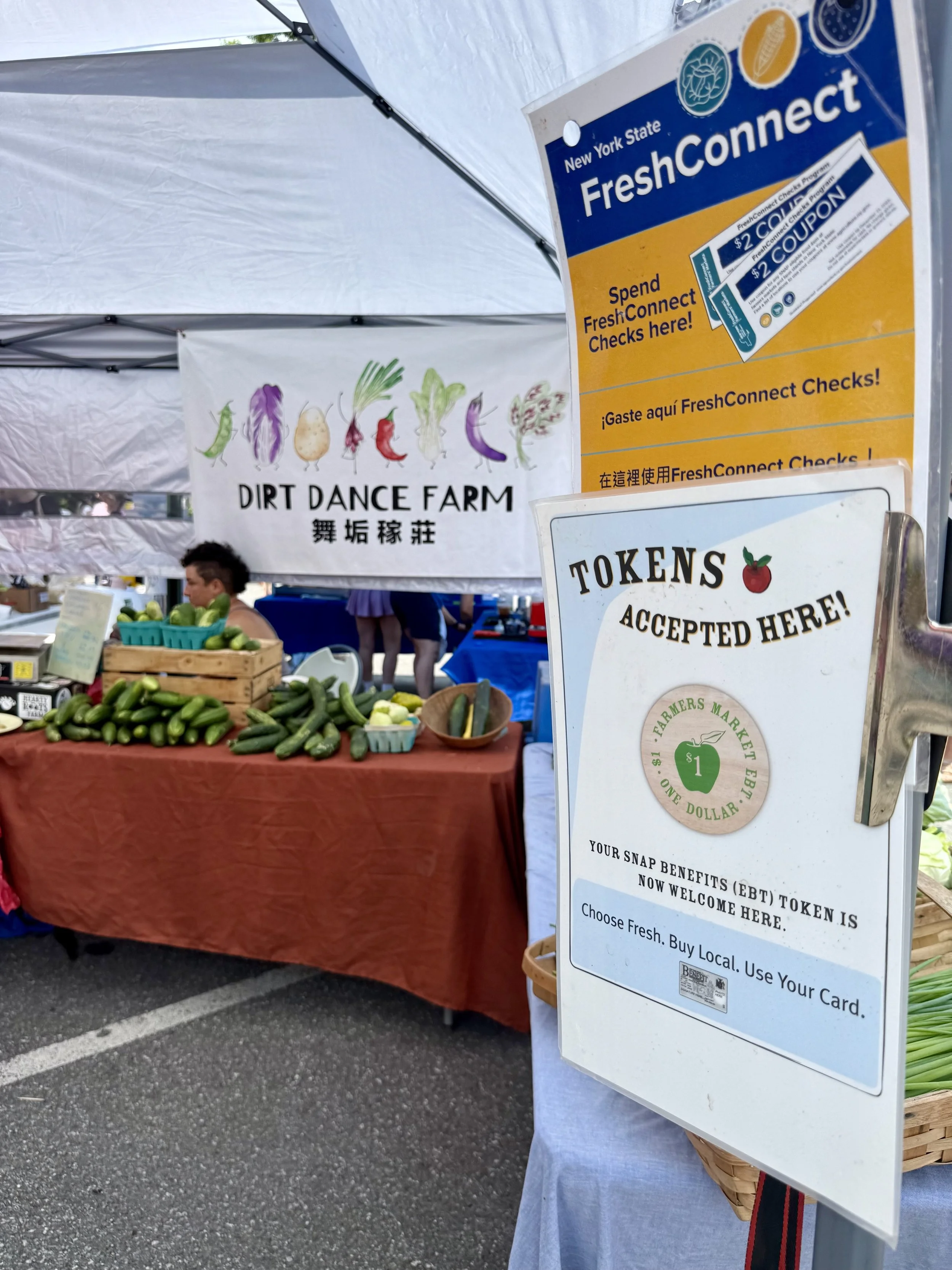A market stall at Dirt Dance Farm selling fresh vegetables, with cucumbers and limes visible on the table. There are signs indicating acceptance of SNAP benefits and promotion of New York State FreshConnect program.
