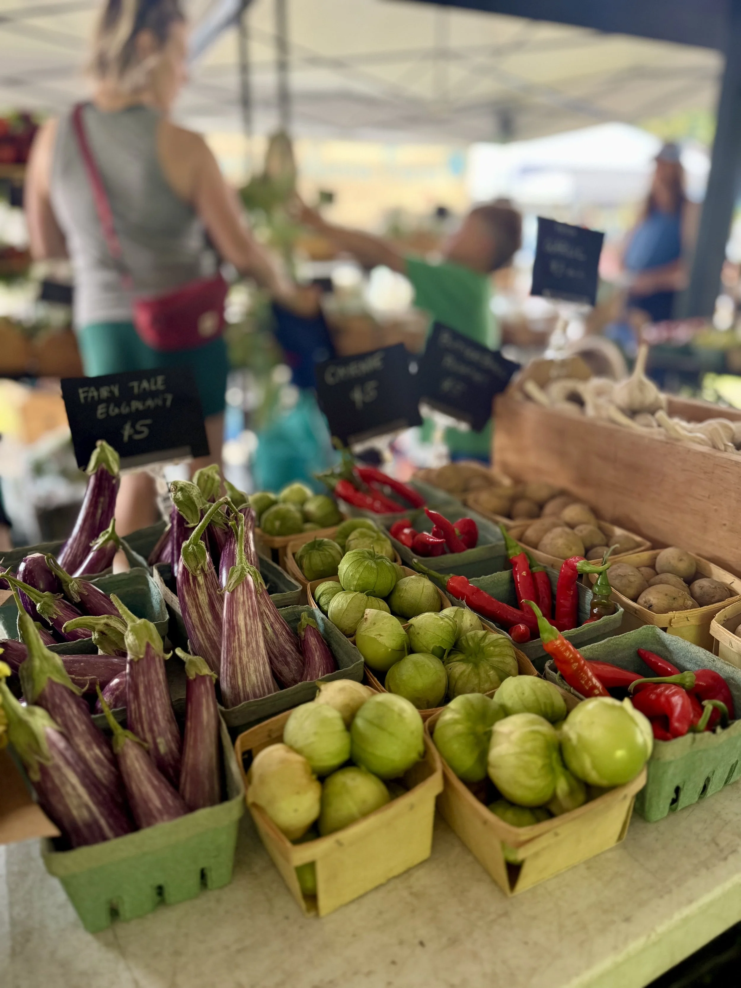Fresh vegetables, including eggplants, tomatillos, and red chili peppers, displayed in small crates at a farmers market.