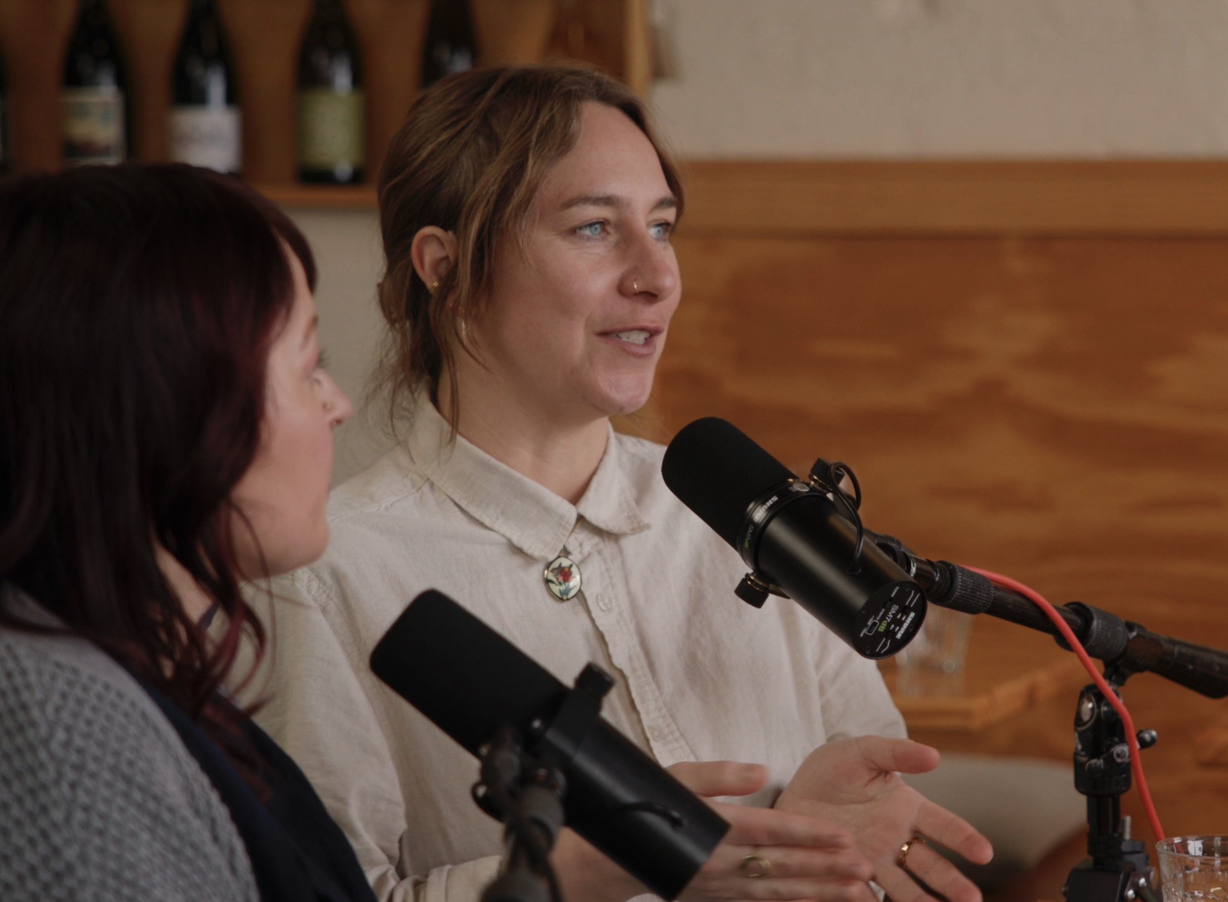 Carrie Hause and Erika Tebbens speaking into microphones
