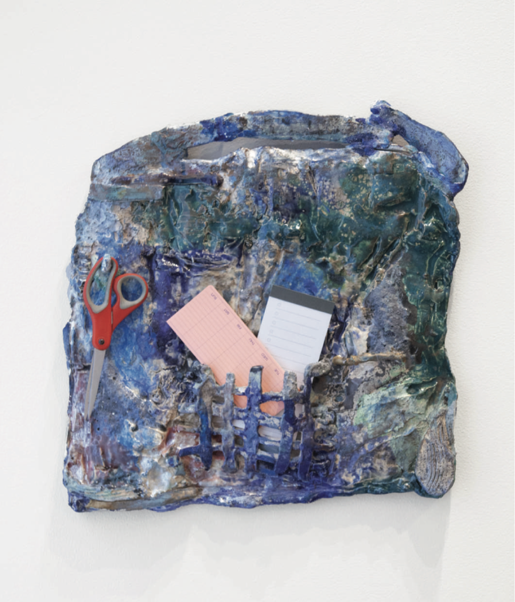 Office Supply Holder, 2024 / Bronze & Silver Plate, Glaze, Resins, Ceramic, Hardware, and Office Supplies / 20 x 20 x 2 inches 
