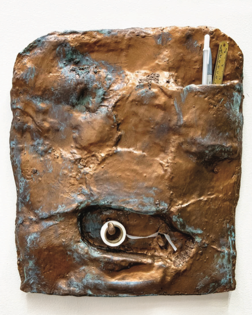 Tape Dispenser, 2024 / Bronze & Silver Plate, Glaze, Resins, Ceramic, Hardware, and Office Supplies / 22 x 18 x 2 inches 
