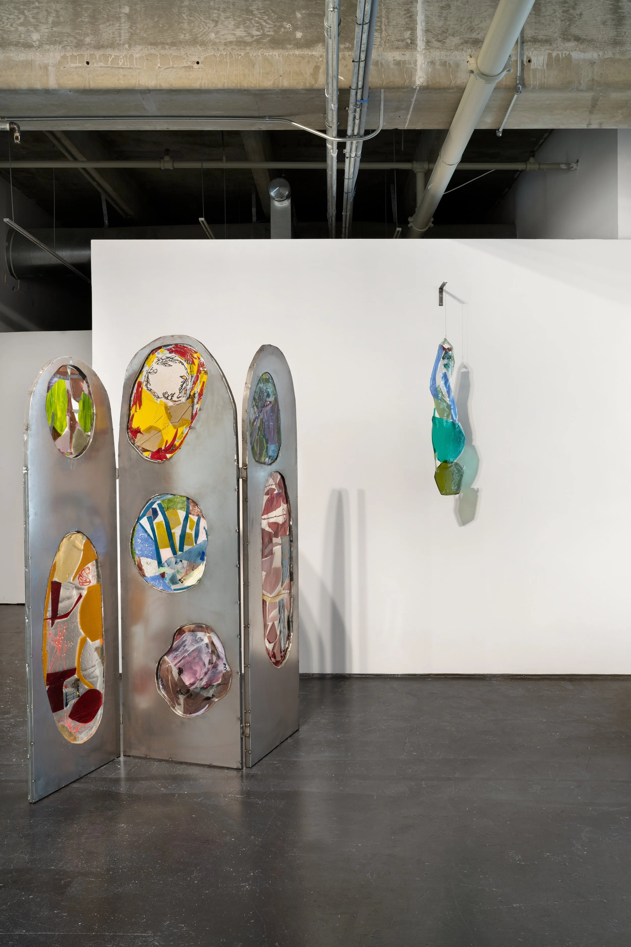 Privacy Screen- Glass & Steel Dividers, 2022 / Steel, Handmade Fused Glass / 78 x 72 x 1 inches (3 hinged panels each 78 x 24 inches)
