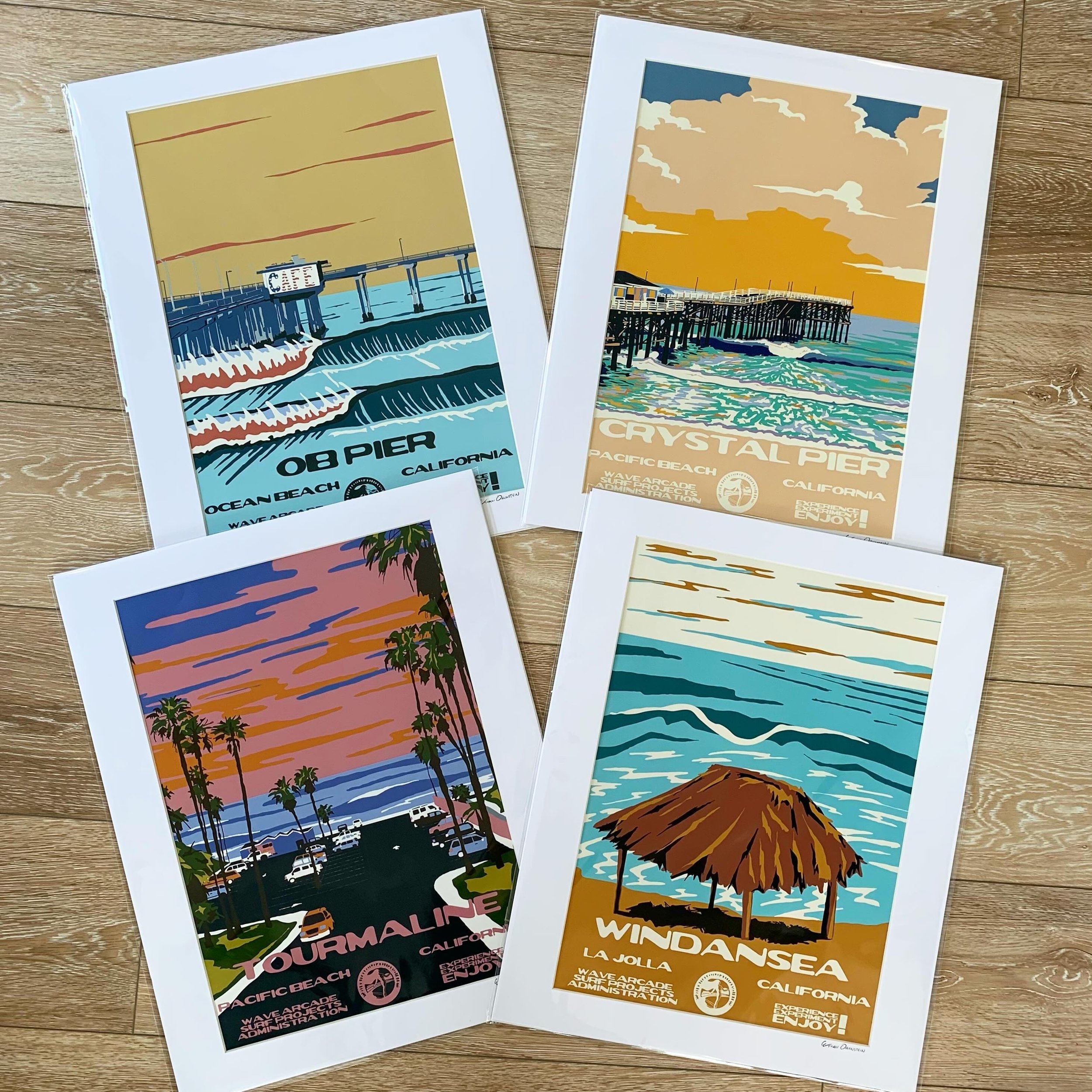 Please welcome the colorful, illustrative work of @wave_arcade! Ethan&rsquo;s matted 16x20 prints are beautiful and we have 9 different styles all of San Diego beaches! So cool! 🌊