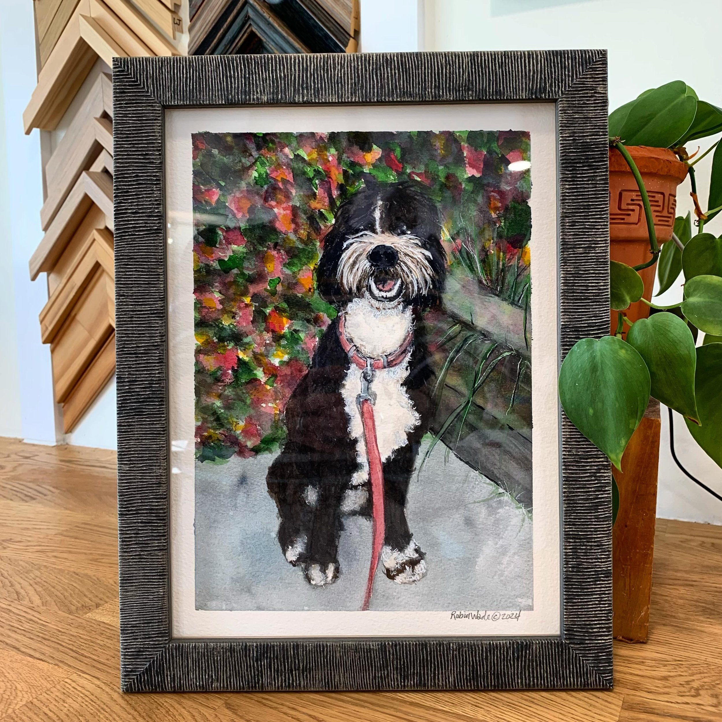 How adorable is this doggo painting that we custom framed?! Too cute! 🐶 Custom framing is by appointment only, but you can also call the day of at 858-270-7820 to see if we have any openings. Tap the &lsquo;book now&rsquo; button in our profile to s