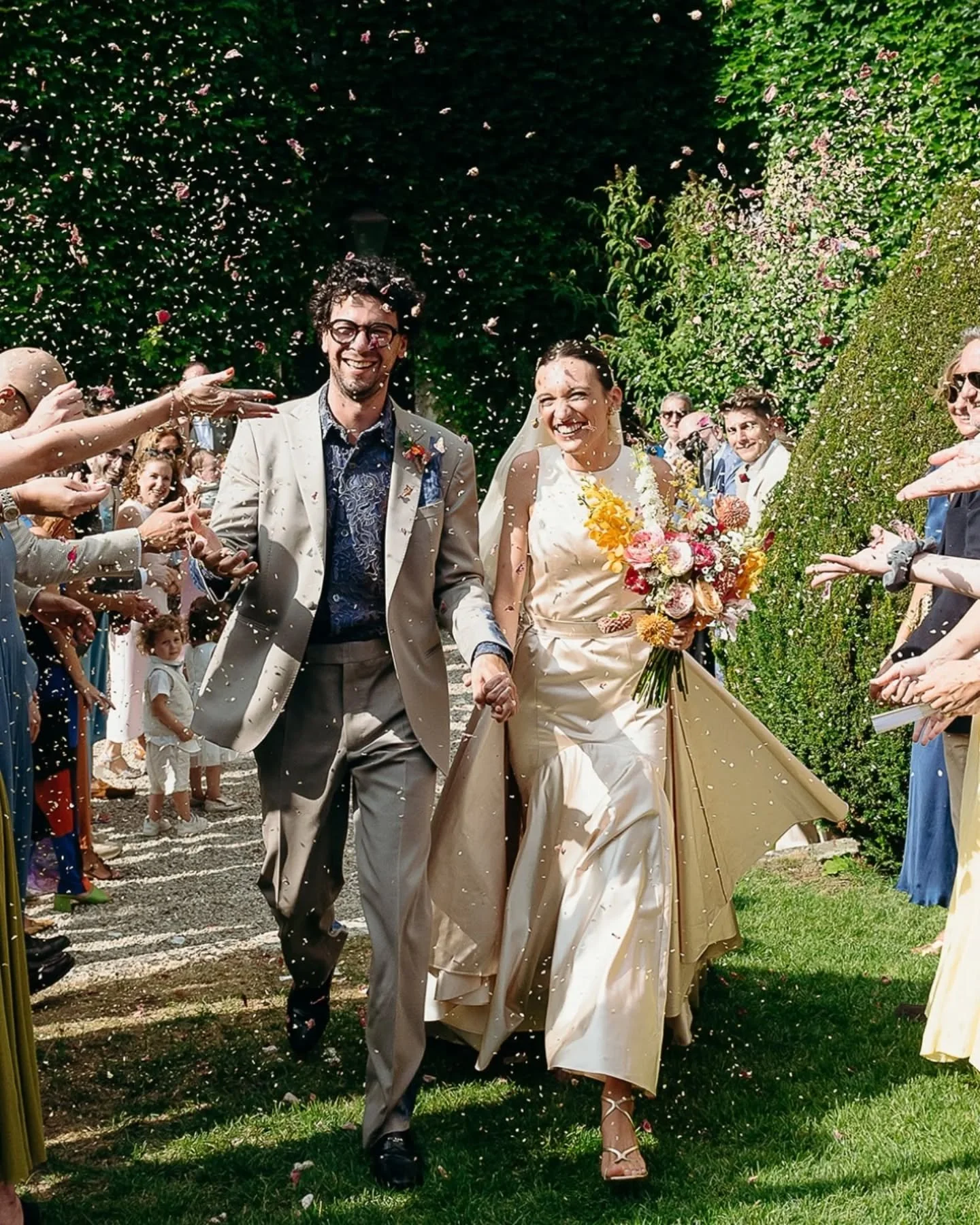 You loved them on my first post about this wedding, here is more about those two souls, their joy and their unique sense of fashion ❤️
-
Venue &amp; catering @chateaurigaud 
HMUA @laura_cawte 
Custom made bride &amp; groom outfits @casellameyer
Flora