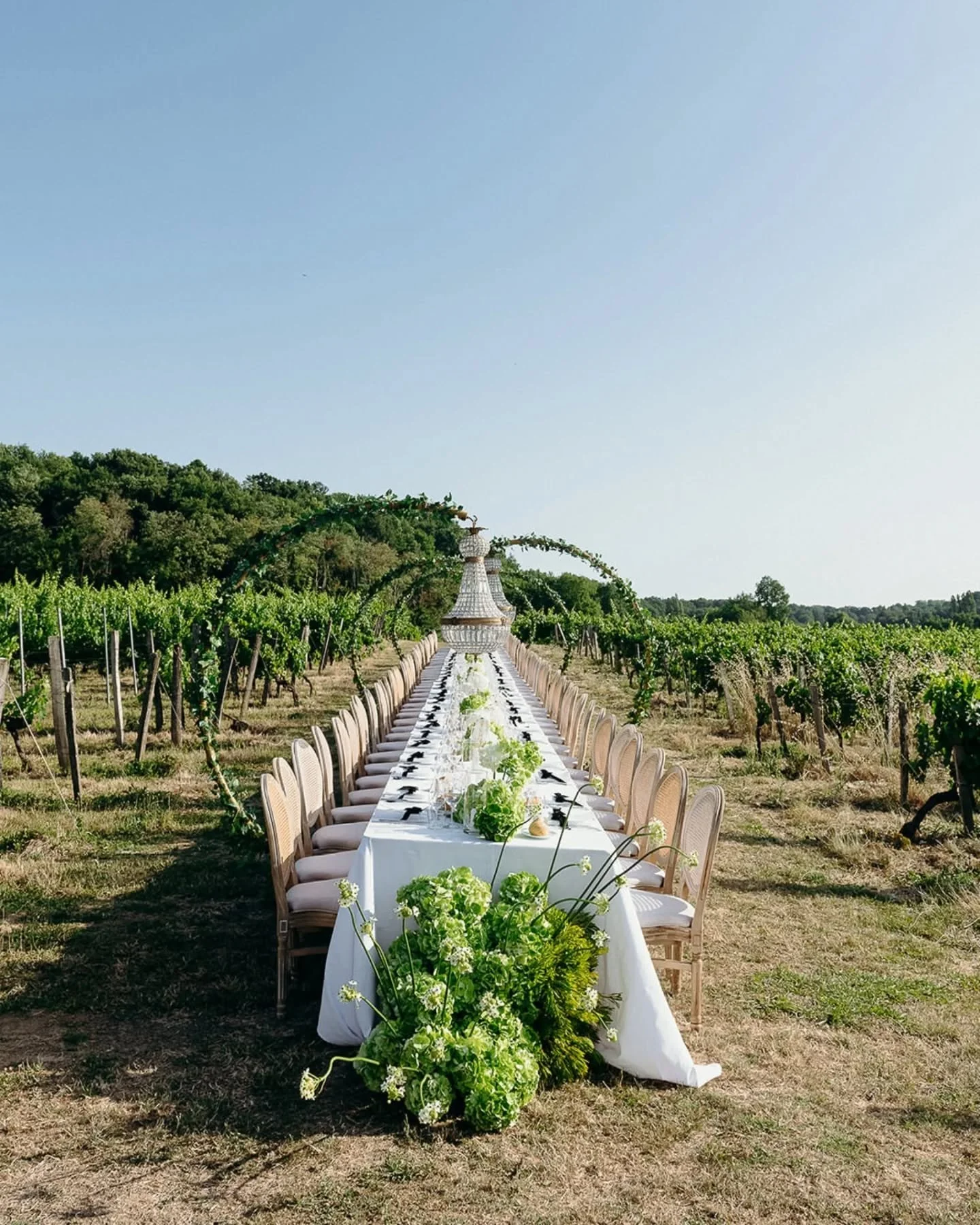 The wedding dinner of A &amp; R took place in the middle of the Bordeaux vineyards. I got to photograph the ideal banquet set up to enjoy delicious food among all their family and friends under the sun setting. This mix of greens &amp; whites was a p