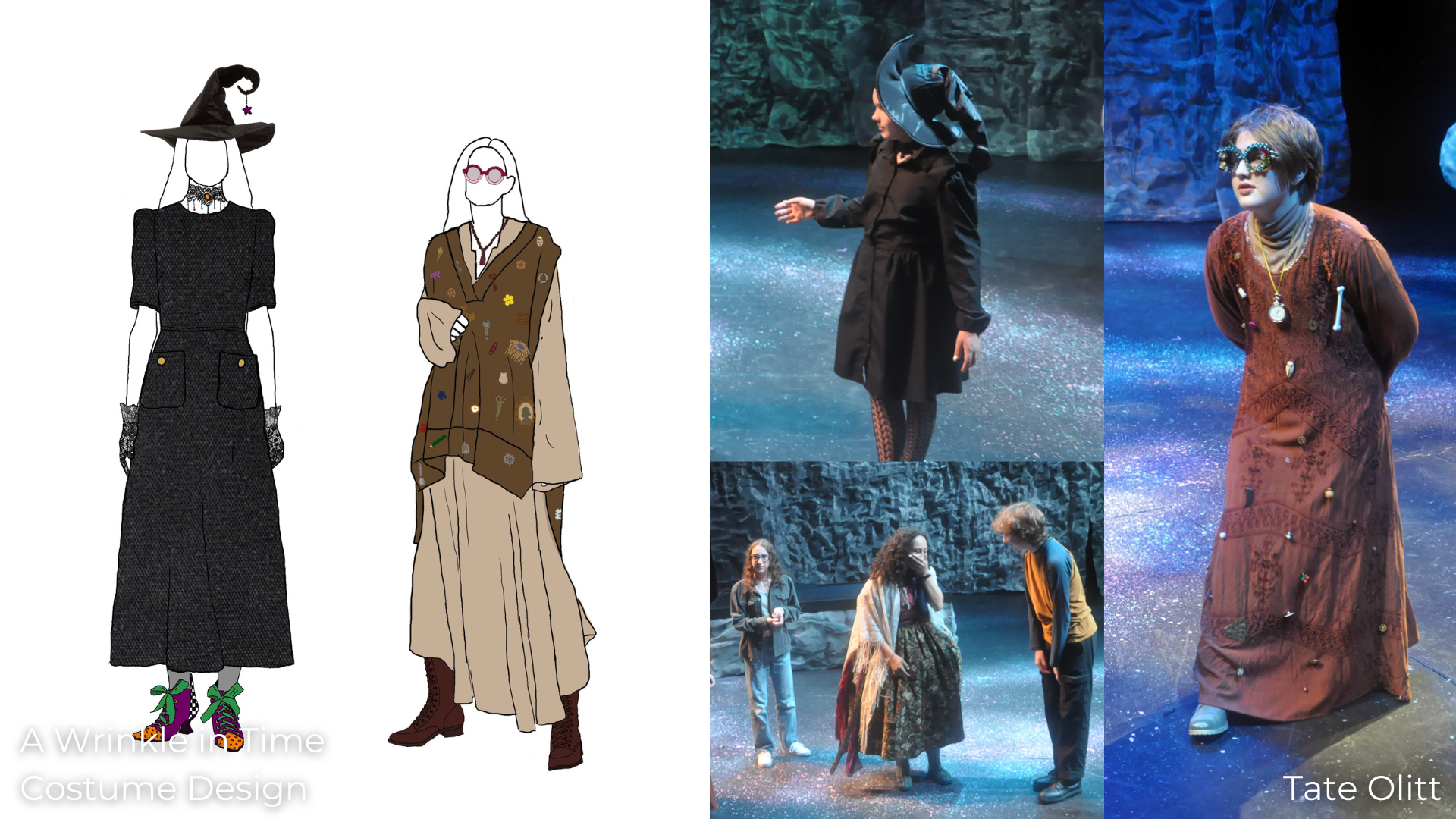 A Wrinkle in Time play three Ws. Mrs. Which, Mrs. Who, and Mrs. Whatsit costumes and renderings designed by Tate Olitt.