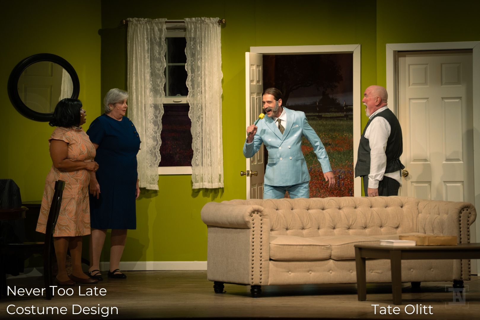 Never Too Late Costume Design Edith, Grace, Mayor, and Harry