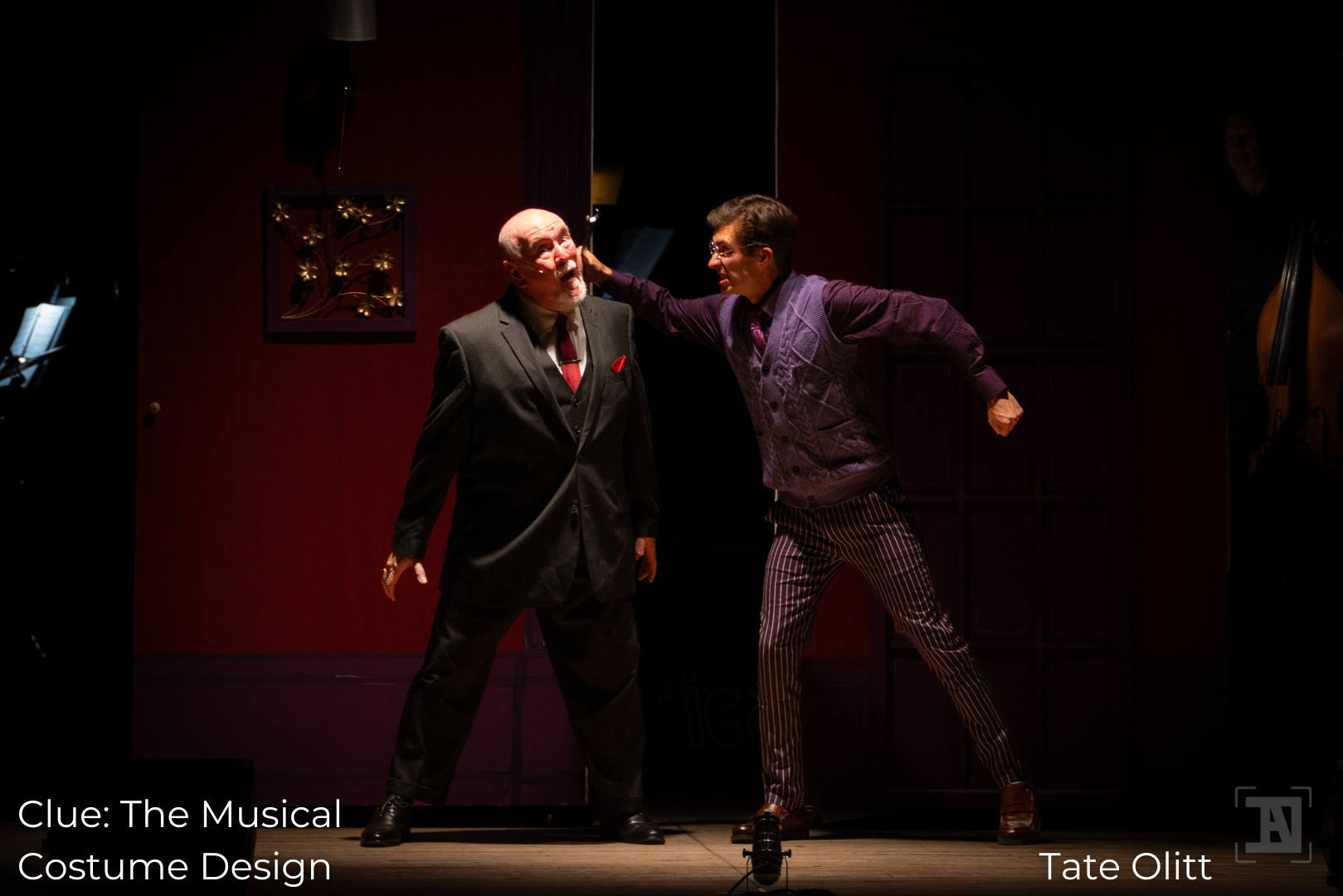 Clue the Professor Plum punching Mr. Boddy Clue the Musical costume design