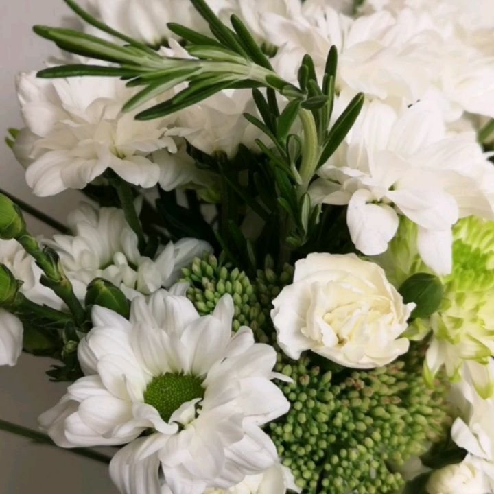 The smell of rosemary and this zingy green putting a smile on my face this morning 💚

White and green bouquet of chrysanthemums, asters, sedum, and carnations, with rosemary from my organic cutting garden

#weddingfloristliverpool #liverpoolflorist 