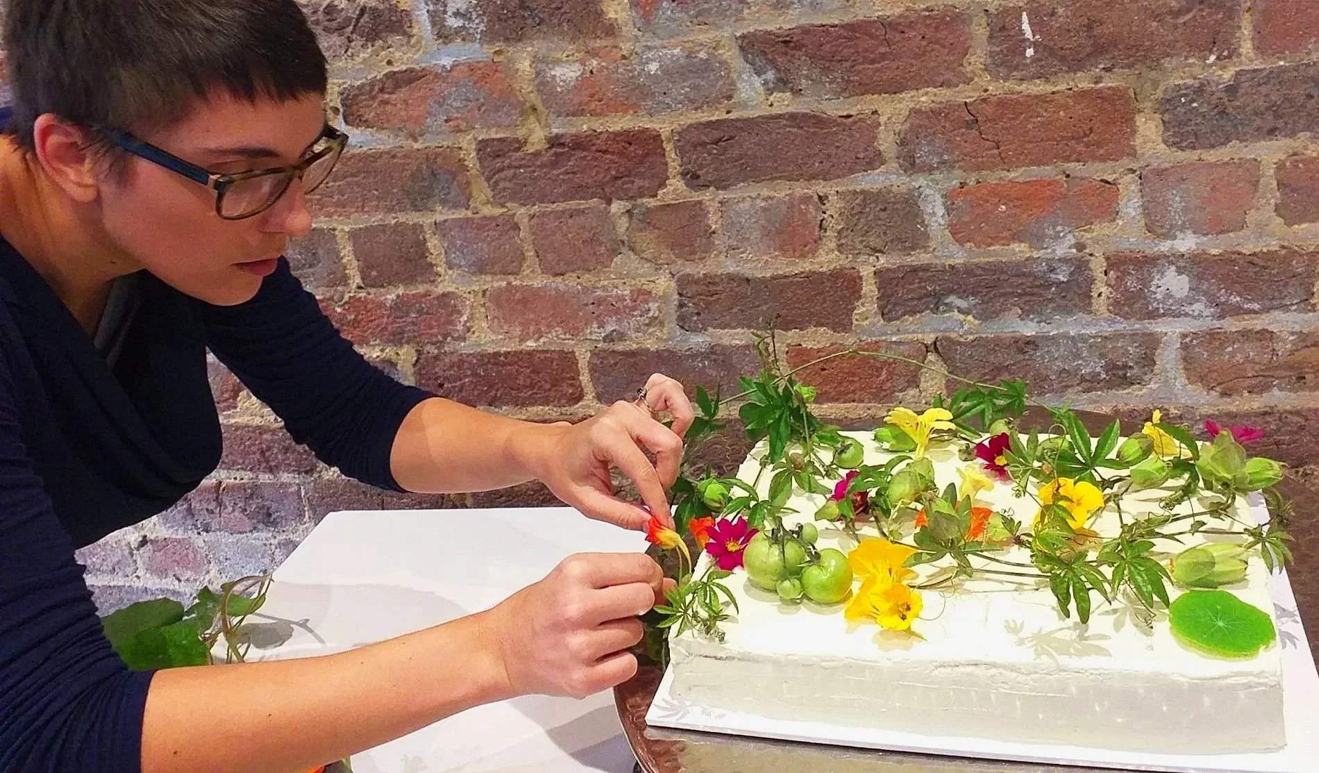 Organic food and flowers to decorate a simple sheet cake for a wedding at Hope Street Hotel, Liverpool