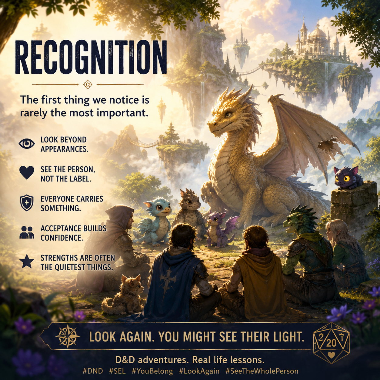 3 teen adventurers looking at 3 hatchling monsters and a larger dragons