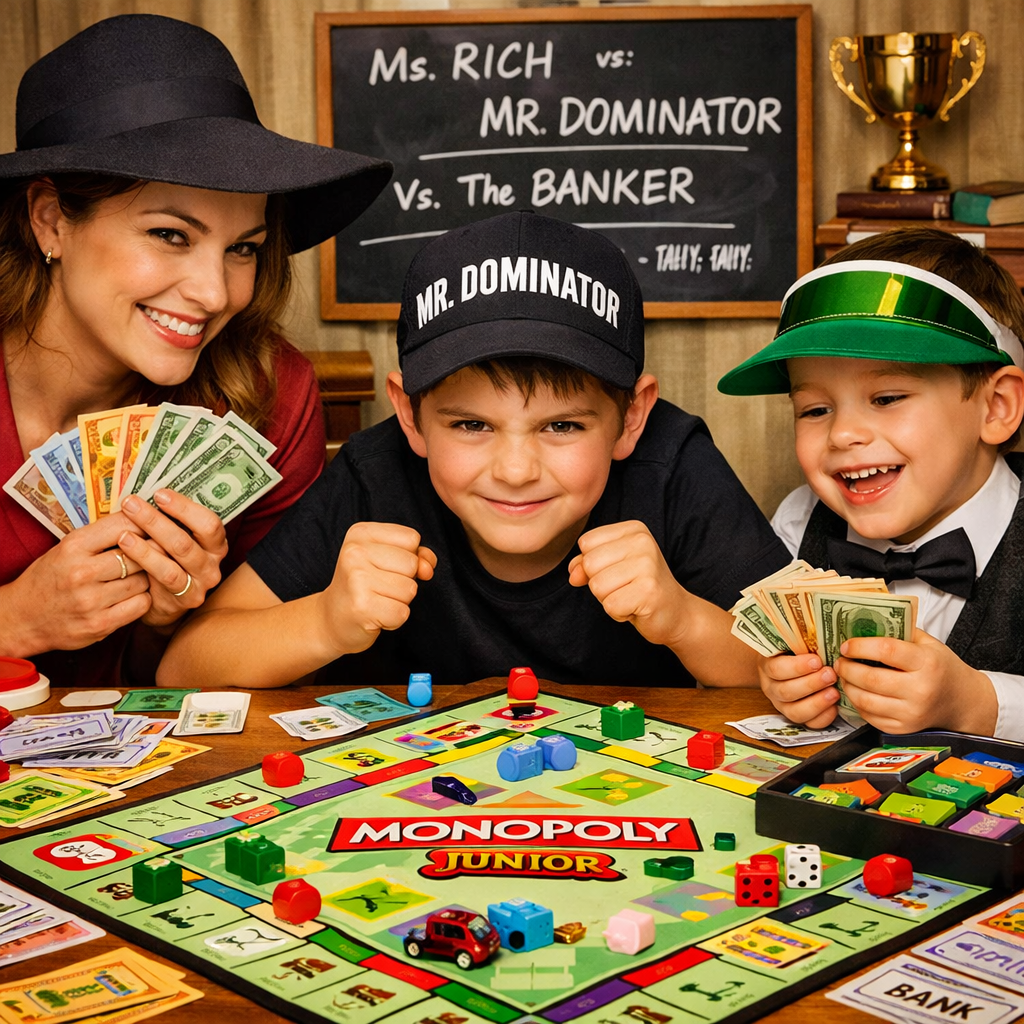 Woman and kids playing monopoly Jr