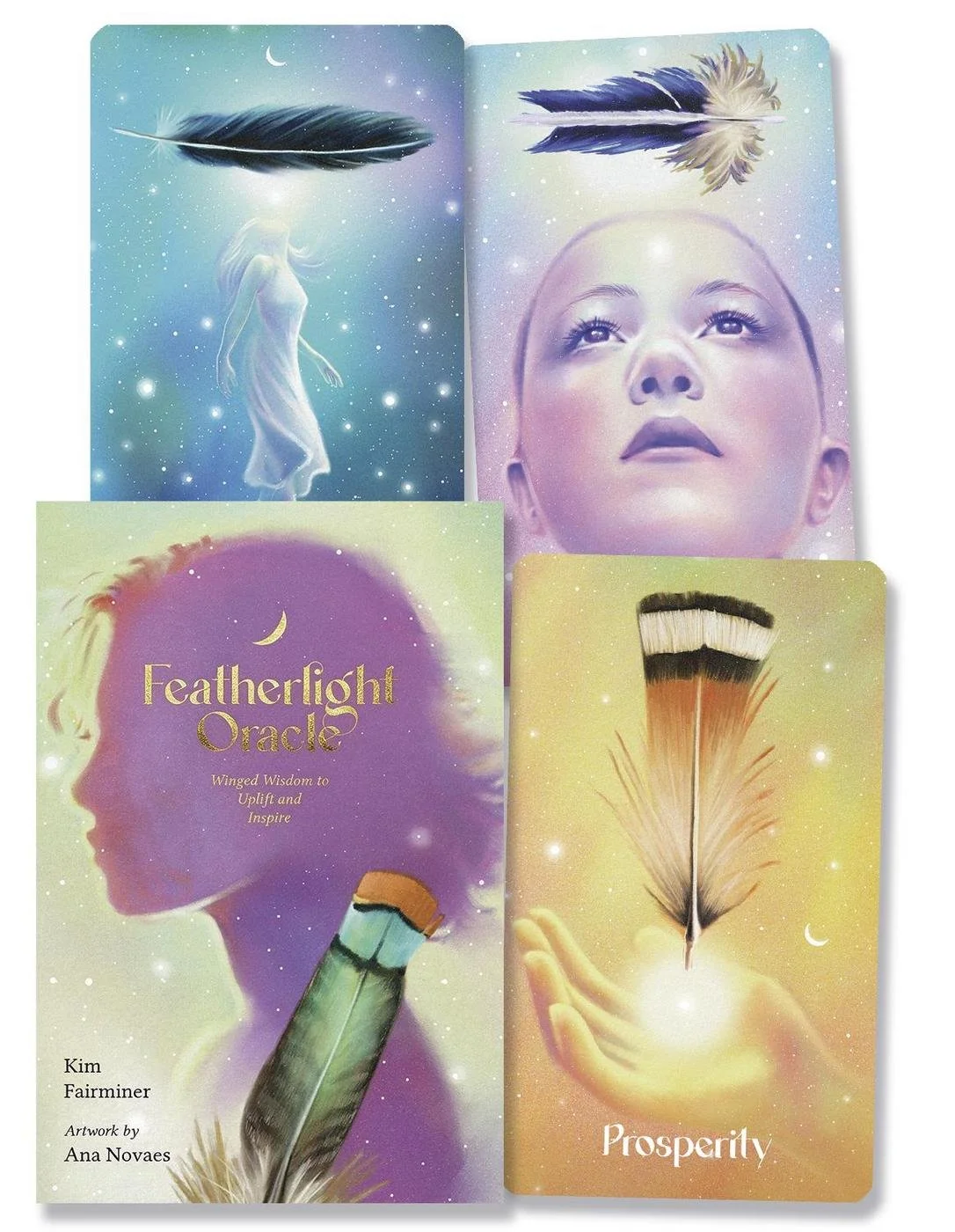 Cover images and cards for the 'Featherlight Oracle' oracle deck by Kim Fairminer with artwork by Ana Novaes featuring colourful, inspiring imagery of women and feathers.