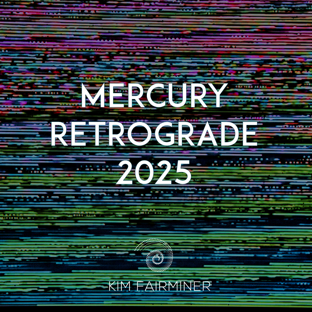 Text says "Mercury Retrograde 2025" on a techy magenta/teal background reminiscent of an old untuned TV. Kim Fairminer's logo is at the bottom of the image.