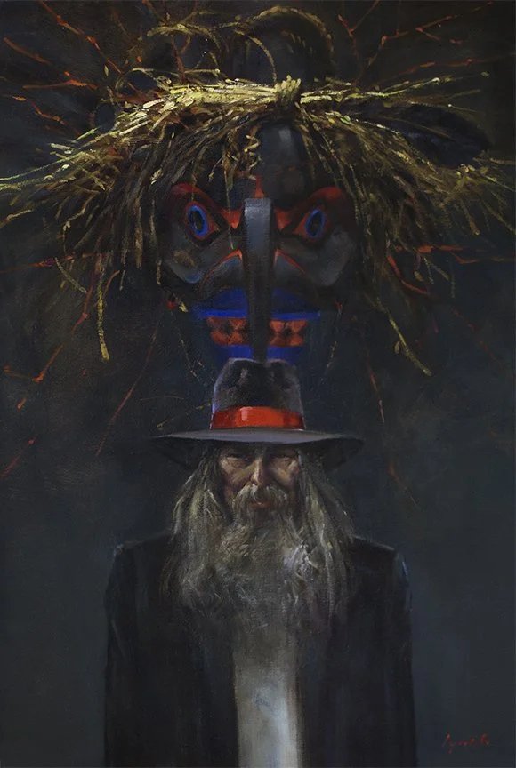 36 X 48 in oil on canvas. ‘Carver of Monsters’ portrait of Beau Dick, artist, hereditary chief and medicine man of the Kwakwaka’wakw.