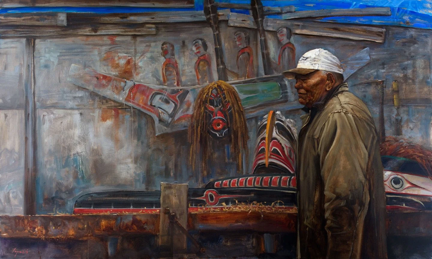 ‘Carver’s Shed’ 36 X 60 in. oil on canvas portrait of Al West, hereditary chief of the Namgis.