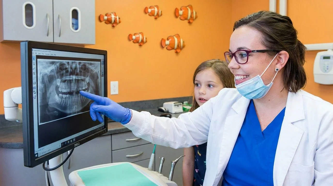 A smiling dentist in a white lab coat and blue scrubs points at a dental X-ray on a monitor, while a young girl looks on in a child-friendly dental office.