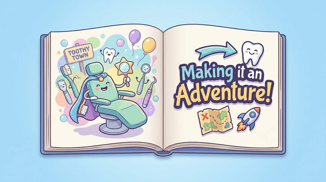 A children's book displaying a friendly cartoon dentist with the text "Making it an Adventure!