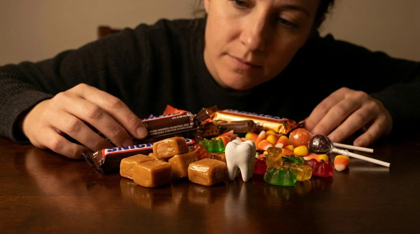 A person in a dark sweater looks down at a pile of candies, including caramels, gummy bears, candy corn, lollipops, and chocolate bars, with a white tooth model in the center.