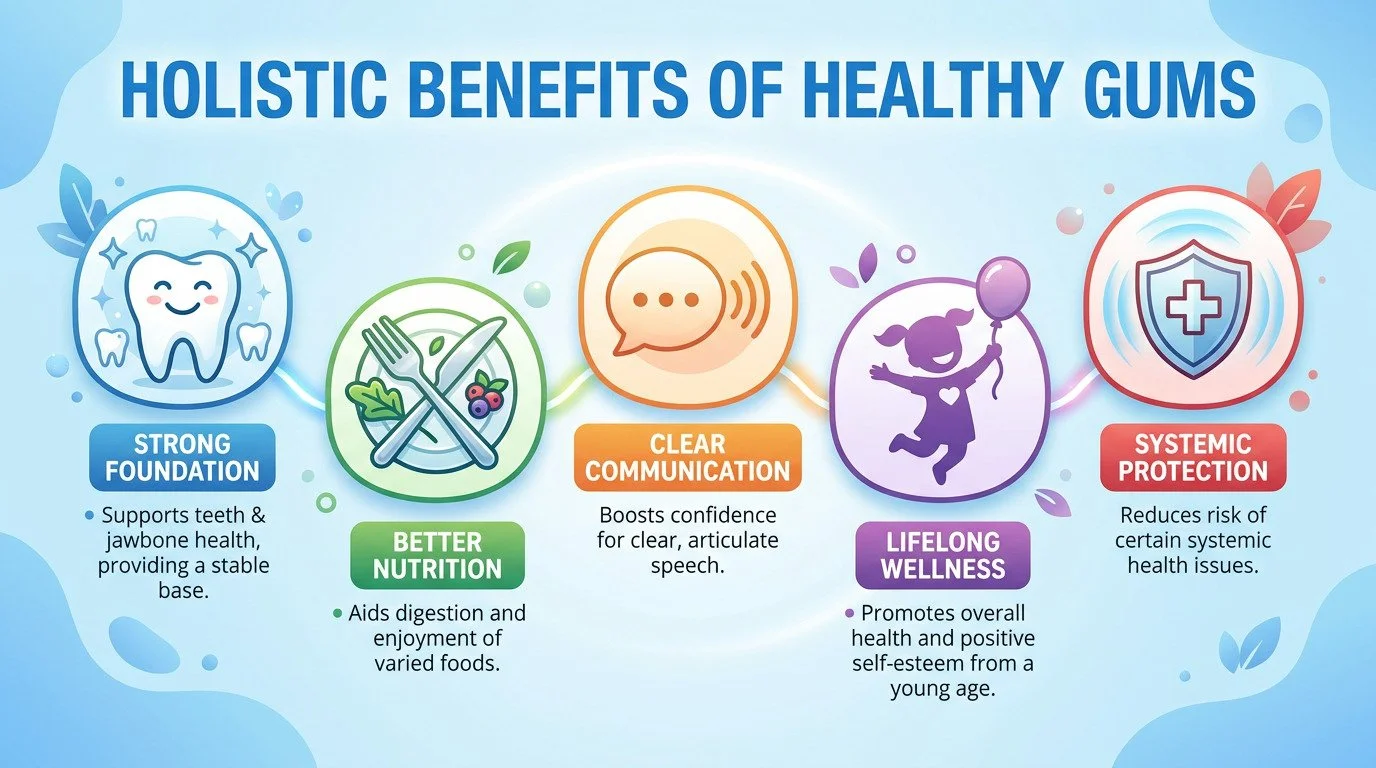 An infographic titled "Holistic Benefits of Healthy Gums" displays five circular icons with text: a smiling tooth, a fork and knife, a speech bubble, a child with a balloon, and a shield with a cross.