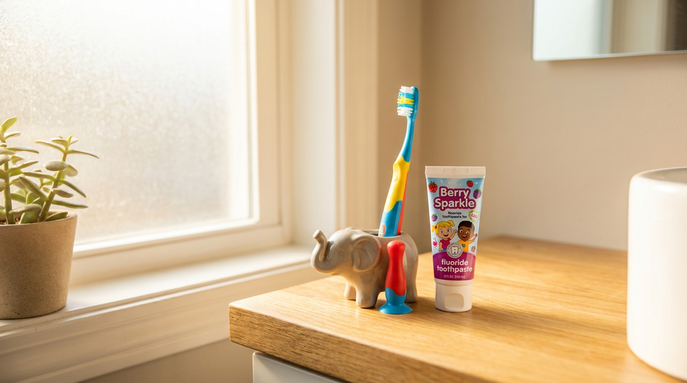 Colorful child's toothbrush stands next to children's fluoride toothpaste on a bathroom counter in morning light.