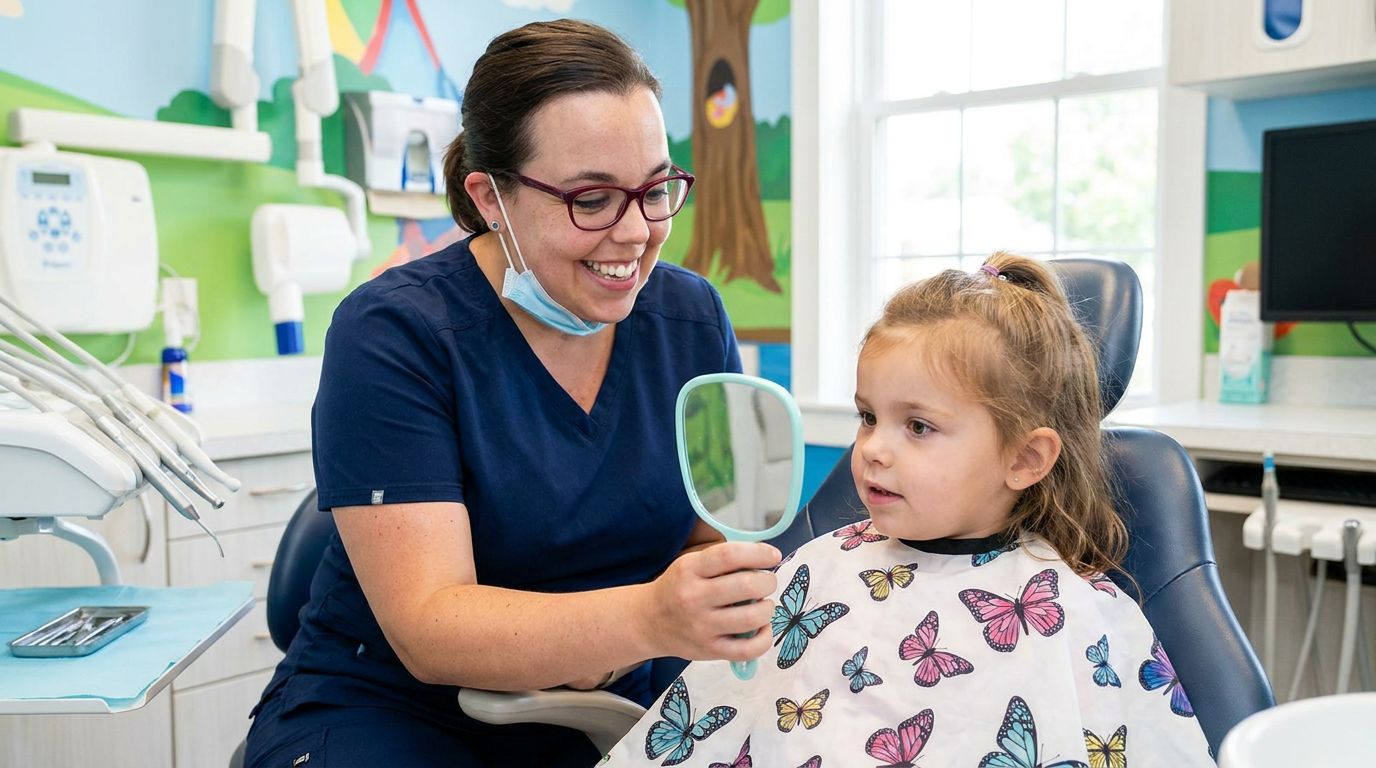 Dr. Jackie St. Pierre, in clinical attire, gently shows a young girl a child-sized dental mirror in a bright pediatric dental office.