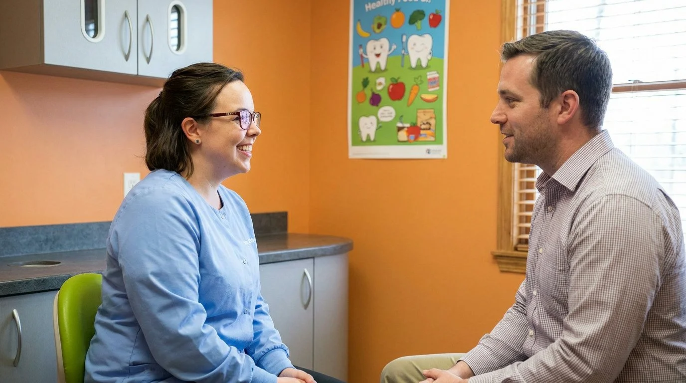 Dr. Jackie St. Pierre in light blue scrubs smiles while looking at Justin, who is wearing a collared shirt, in a dental consultation room with an orange wall and a healthy teeth poster.