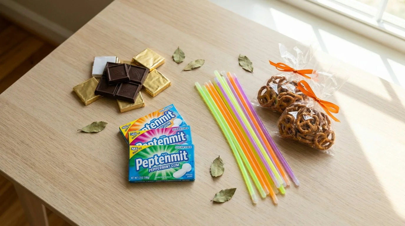 Dark chocolate squares, sugar-free gum, colorful glow sticks, and pretzel bags with orange ribbons are arranged on a light wooden table near a window.