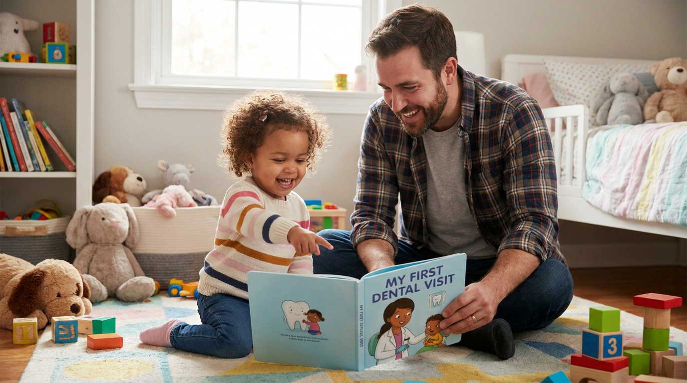 Adam kneels by Ashley in a toy-filled bedroom, both smiling as she points excitedly at a dental picture book.