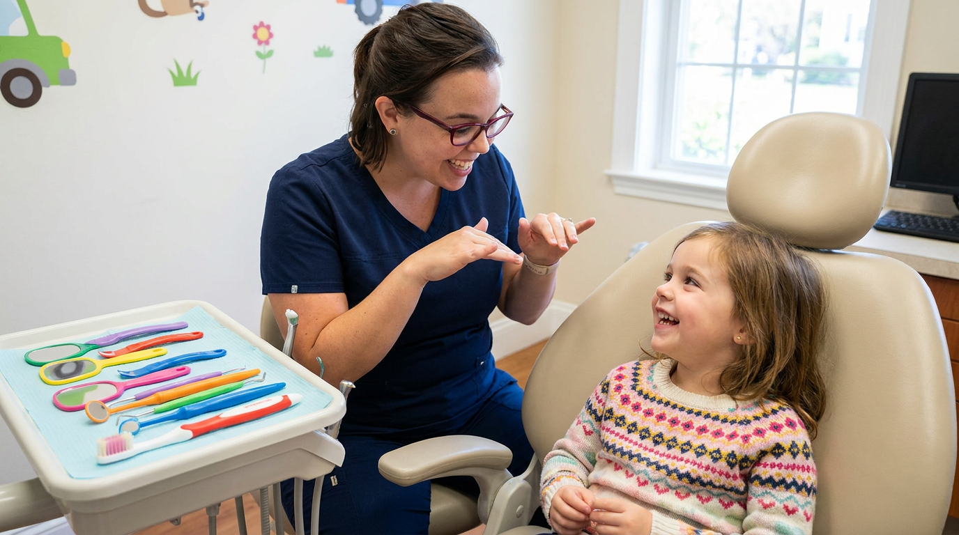Dr. St. Pierre guides a 5-year-old in a dental chair, smiling and explaining, with child-friendly tools on a tray.