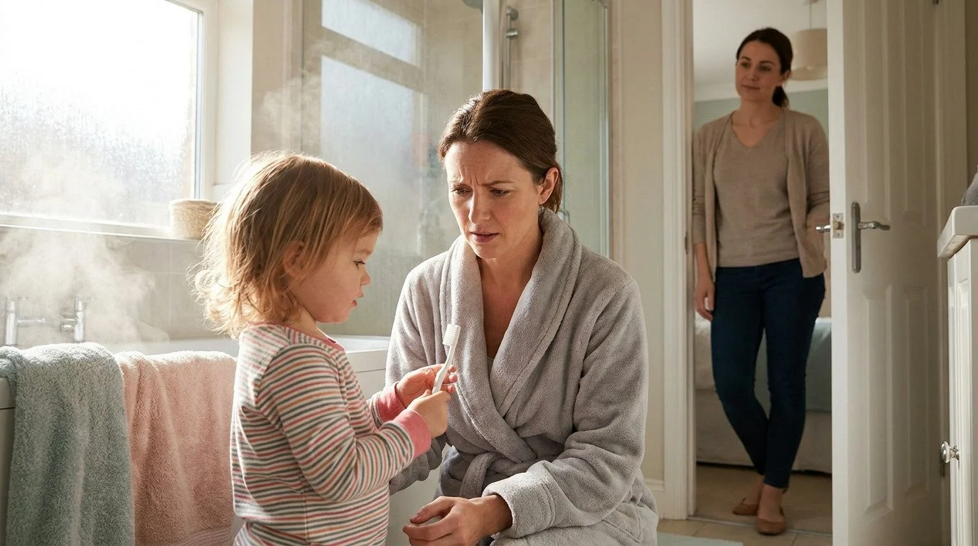 Zoe, in a gray robe, kneels in a bathroom and looks at a child in striped pajamas holding a toothbrush with a red streak, while another woman stands in a doorway behind them.