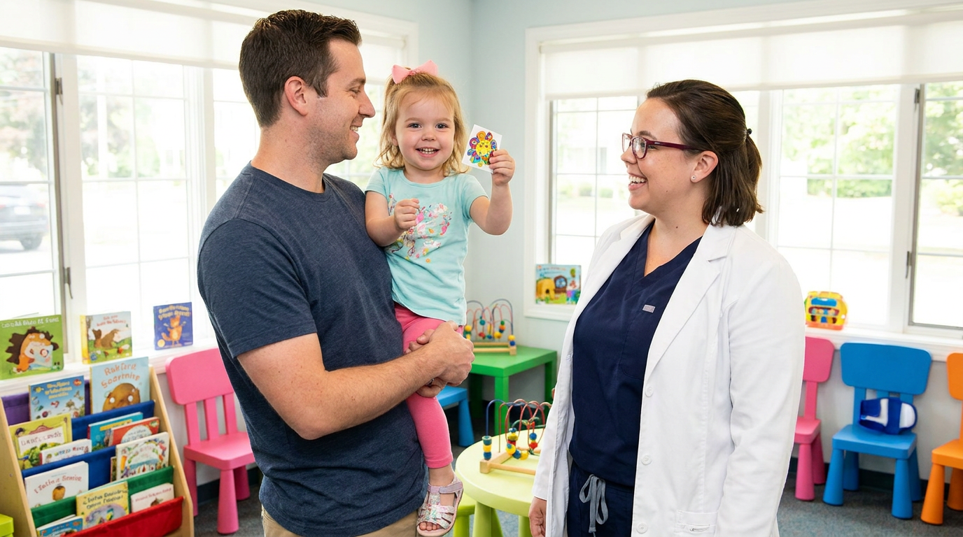 Dr. Jackie St. Pierre in clinical attire talks warmly with Adam, who holds Ashley, displaying a colorful sticker in a dental waiting area.