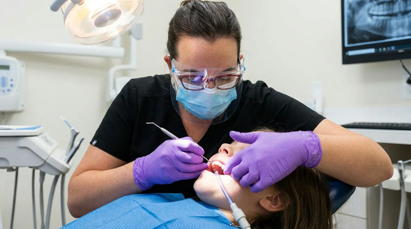 Dr. Jackie St. Pierre, wearing a face mask, safety glasses, and purple gloves, uses a dental scaler on a child's teeth in a dental chair.