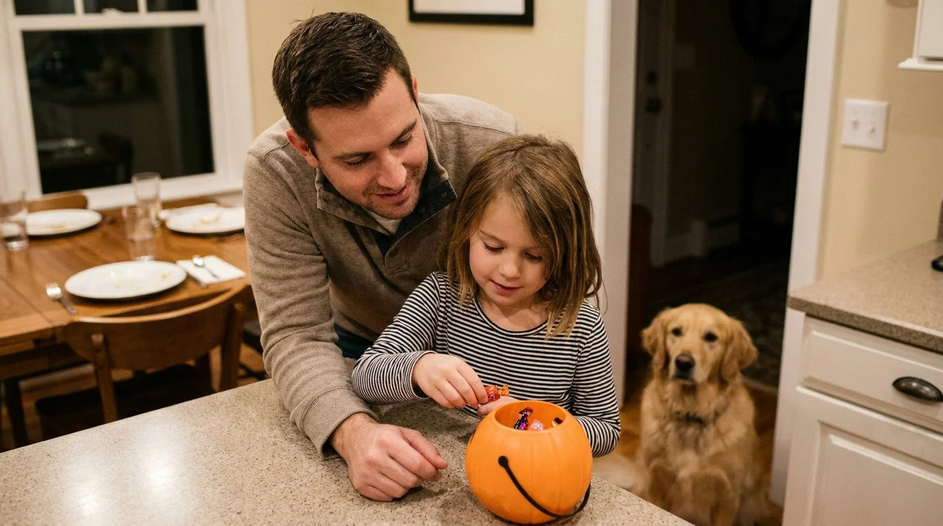 A man and a young girl in a striped shirt look into an orange pumpkin candy bucket on a kitchen counter, with a golden retriever sitting in the background.