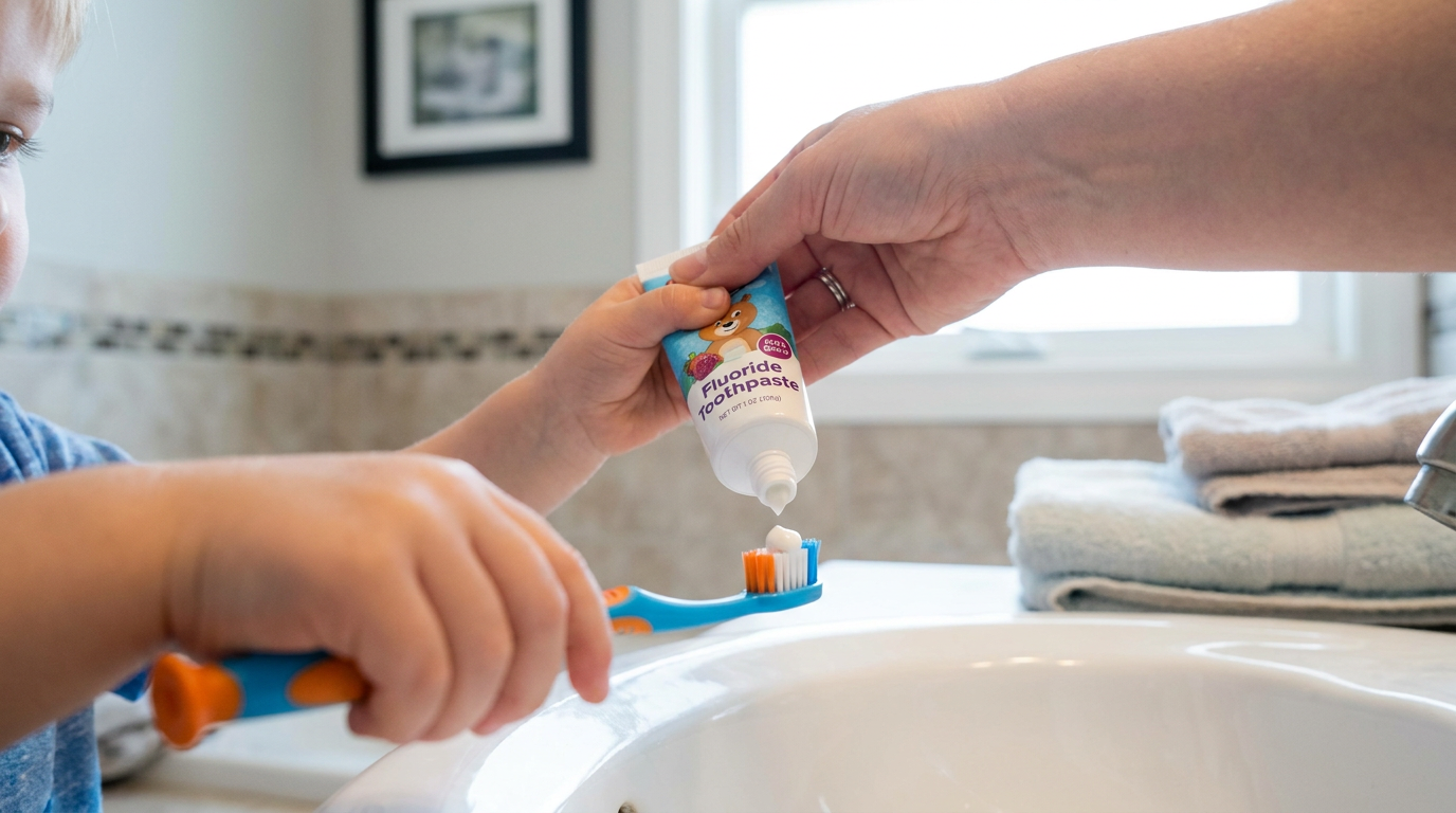 Child's hand holding fluoride toothpaste, squeezing a pea-sized amount onto a colorful toothbrush, guided by a parent.