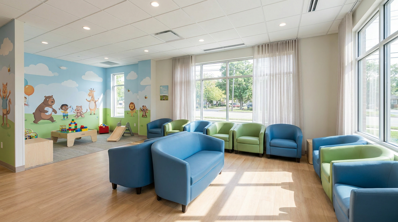 Brightly lit, modern pediatric dental clinic waiting area with colorful, child-friendly decor.