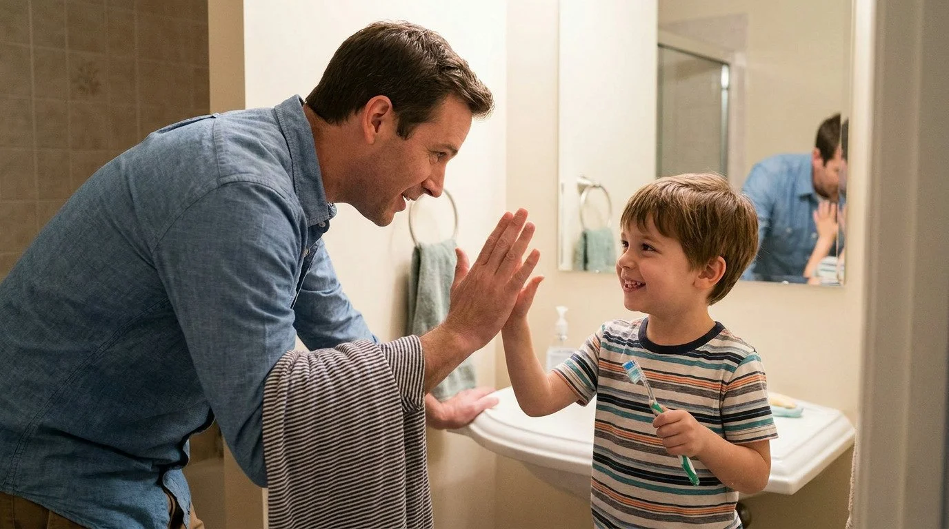 Justin high-fives his son, Ethan, in a bathroom with a sink and mirror, as Ethan holds a toothbrush and smiles.