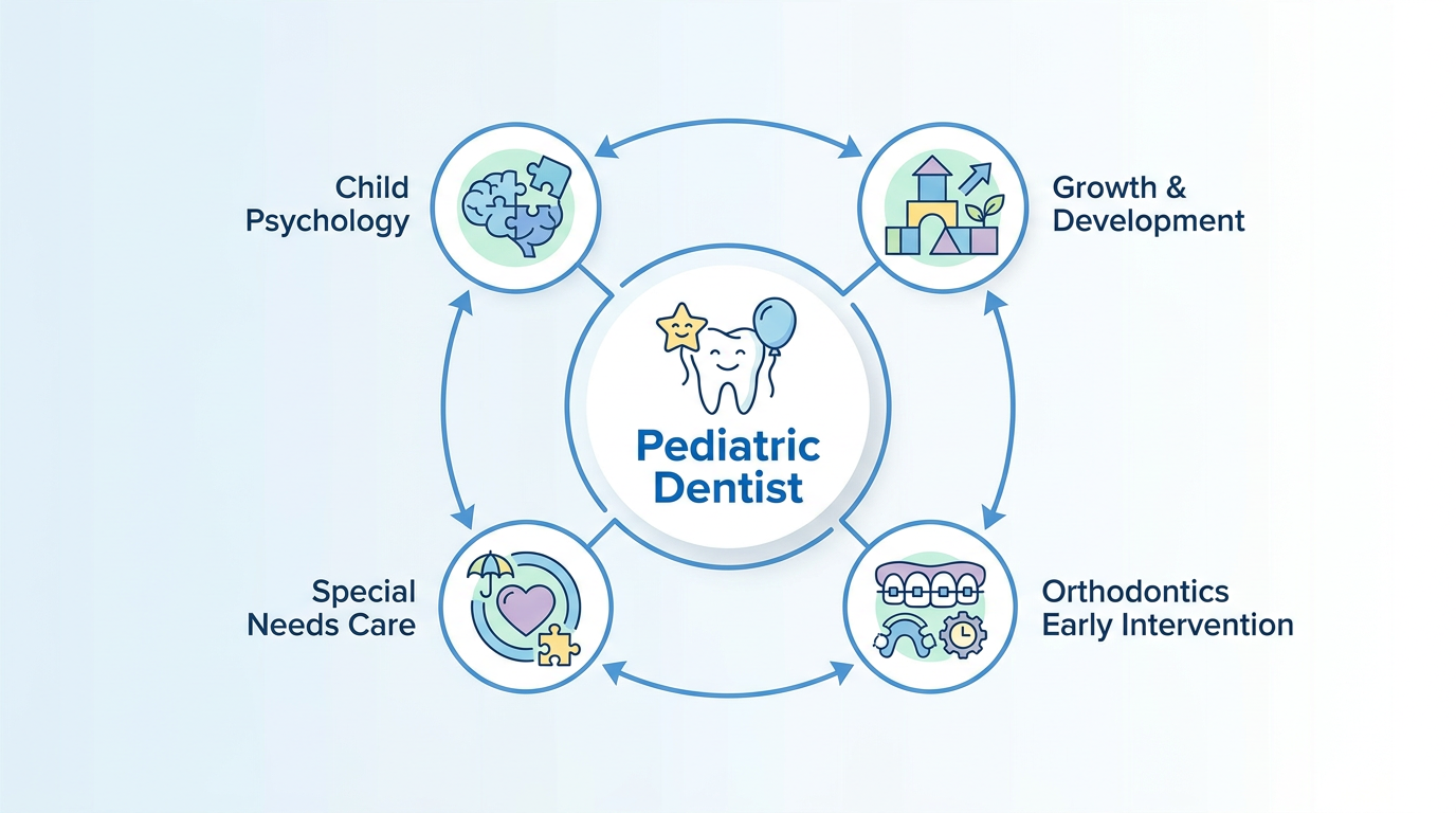 Infographic describing a pediatric dentist's specialized training in child psychology, growth, orthodontics, and special needs.