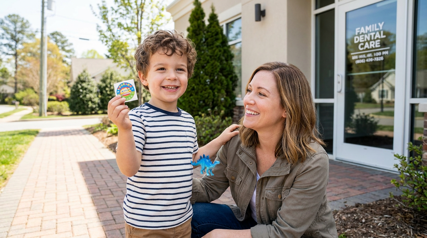Leo, beams holding a sticker and toy, as Claire looks at him with relief outside the dental office.