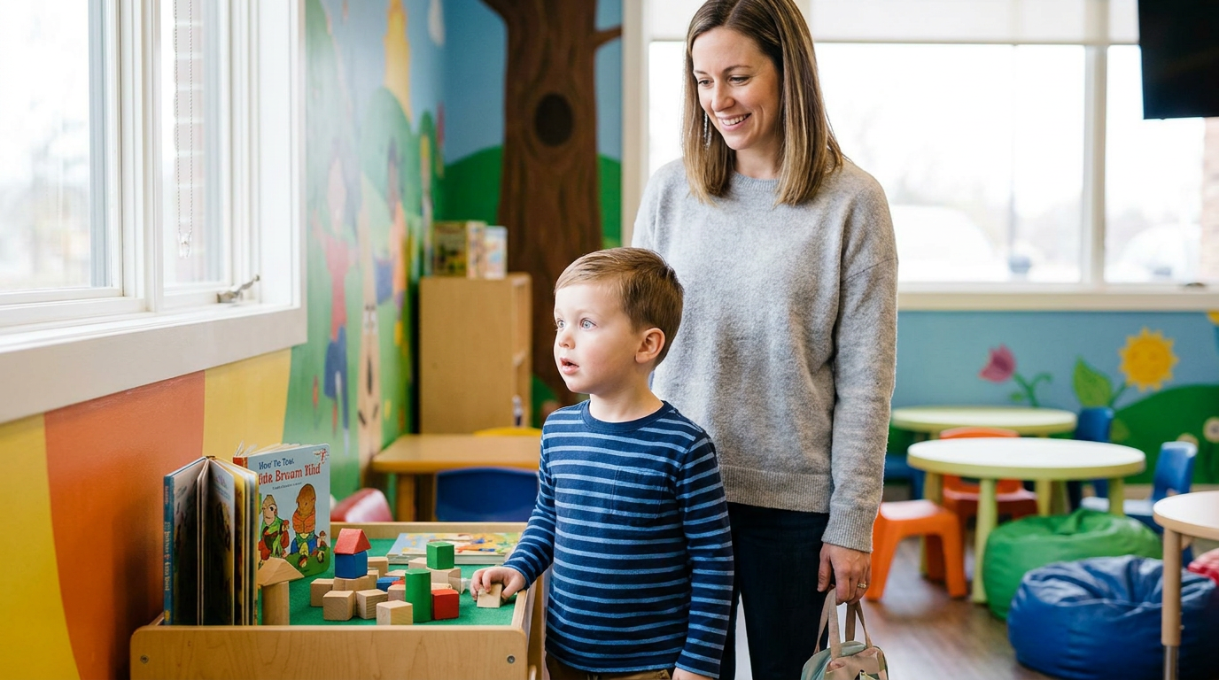 Leo, looks with curiosity at a play area in a brightly colored dental waiting room, while Claire smiles with relief.