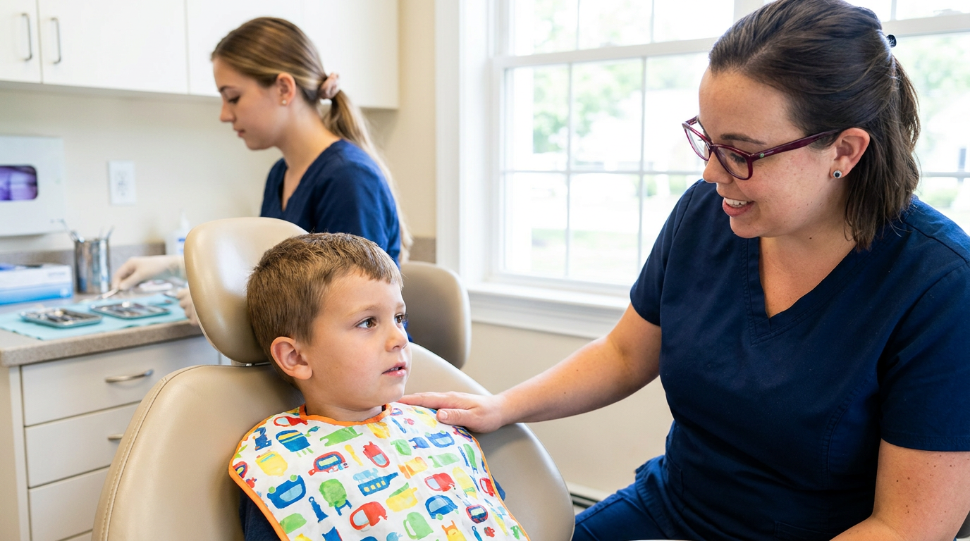 Dr. St. Pierre's hand rests gently on a 6-year-old boy's shoulder in a dental chair to comfort him.