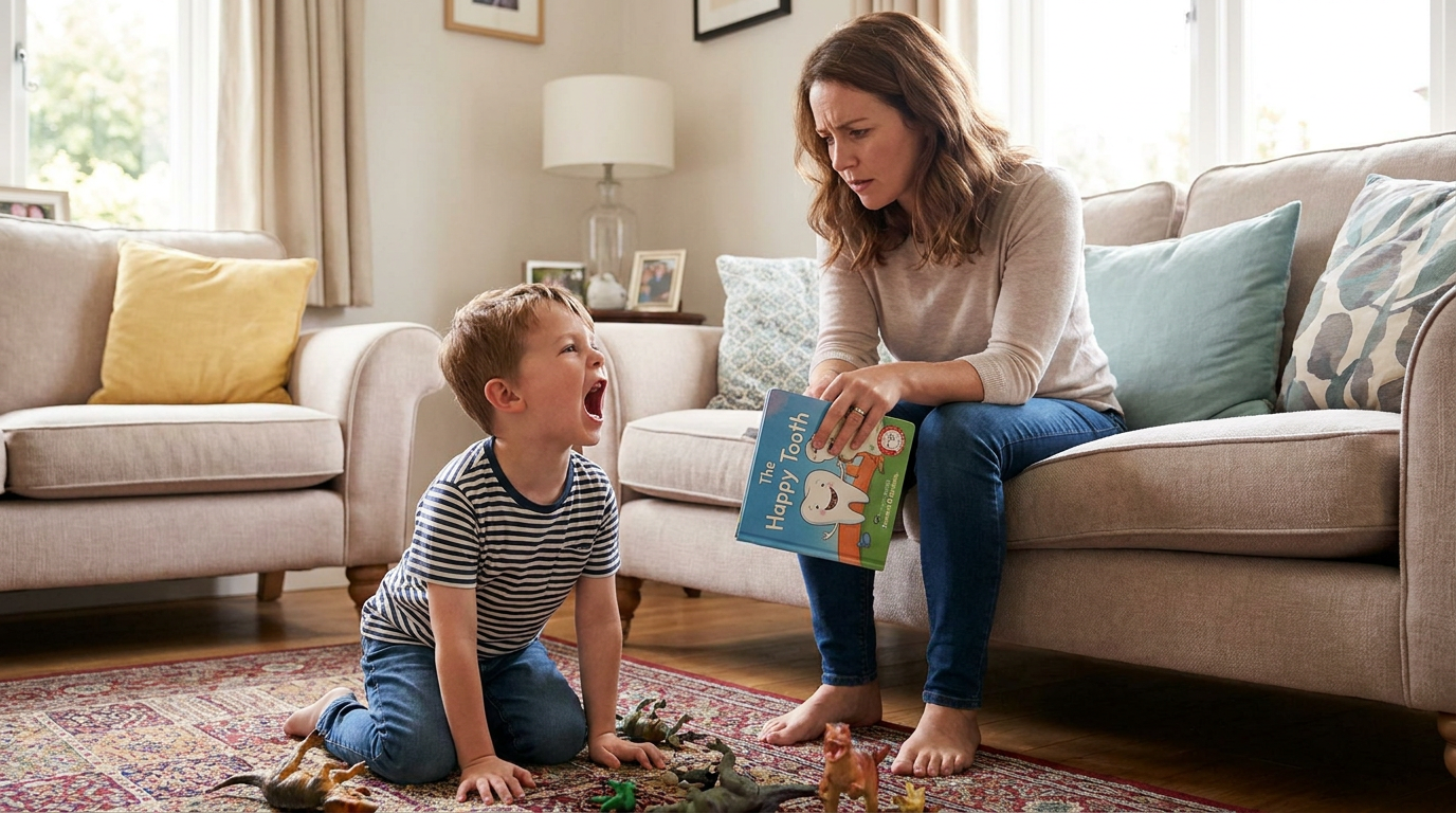 Claire watches her son Leo roar like a dinosaur, a worried look on her face regarding his first dental visit.
