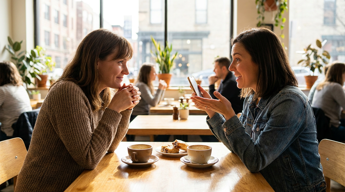 Claire listens intently as her friend Rachel enthusiastically recommends a pediatric dentist during a coffee date.