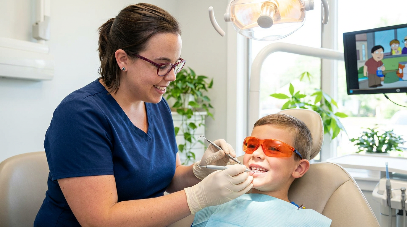 Dental hygienist performing a professional cleaning on a child in a bright operatory, child wearing safety glasses.