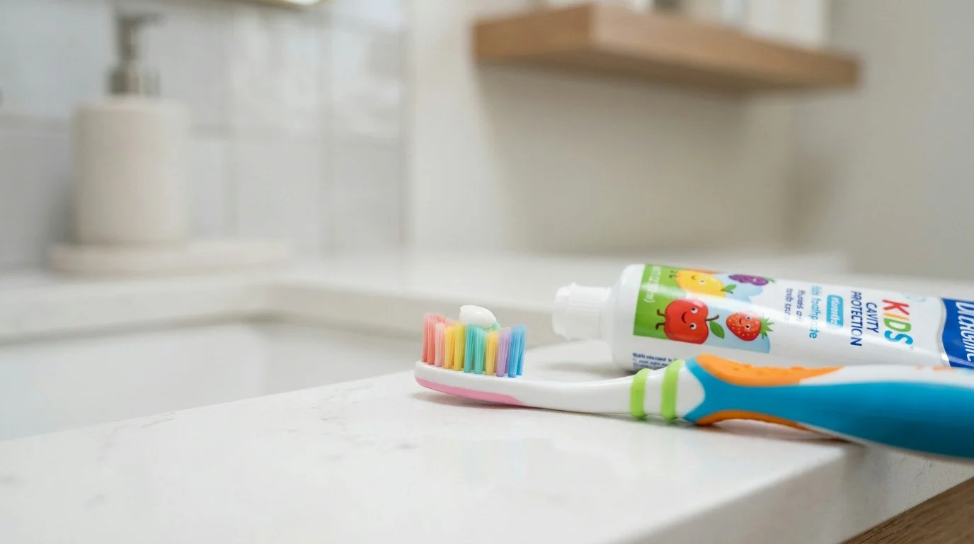 A colorful toothbrush with a dab of toothpaste on its bristles lies next to a tube of children's toothpaste on a white countertop, with a white soap dispenser and a wooden shelf in the blurred background.