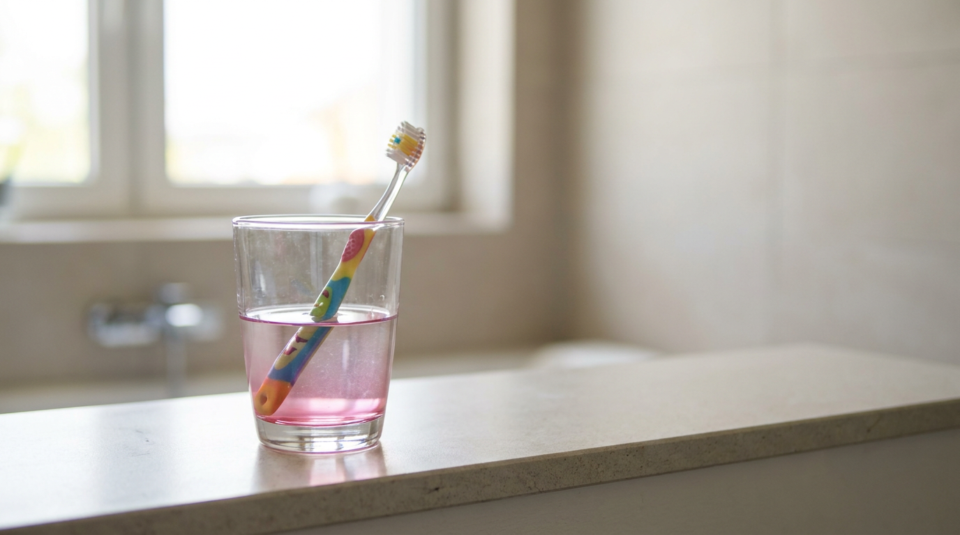 Clear glass of water with a soft-bristled children's toothbrush resting on the rim, water slightly pink.