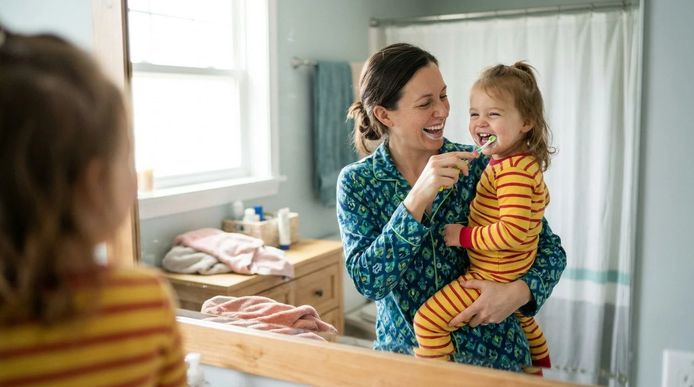 Zoe, wearing blue patterned pajamas, holds Ashley, who is wearing yellow and red striped pajamas, and helps her brush her teeth in a bathroom while both laugh.